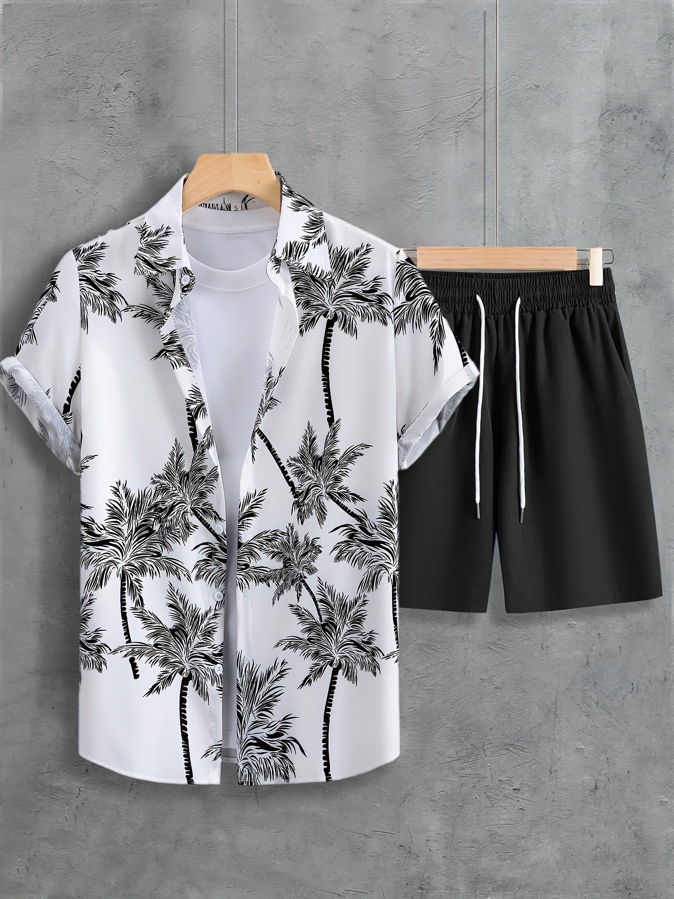 Coconut Tree Print, Men's 2Pcs Outfits, Casual Camp Collar Lapel Button Up Short Sleeve Shirts Hawaii Shirt And Drawstring Shorts Set For Summer, Men's Clothing