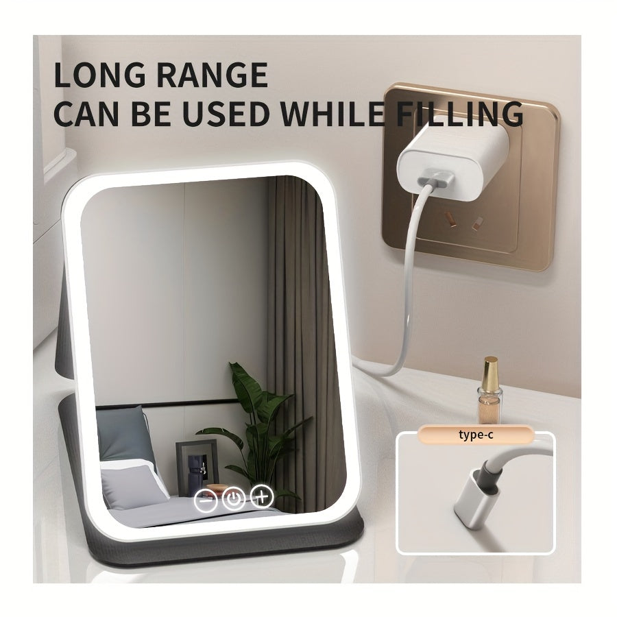 Glamour Glow - Foldable LED Makeup Mirror with 3-Color Lighting, Dimmable Touch Screen, Rechargeable & Tabletop, Perfect Vanity Accent for Effortless Beauty Routine