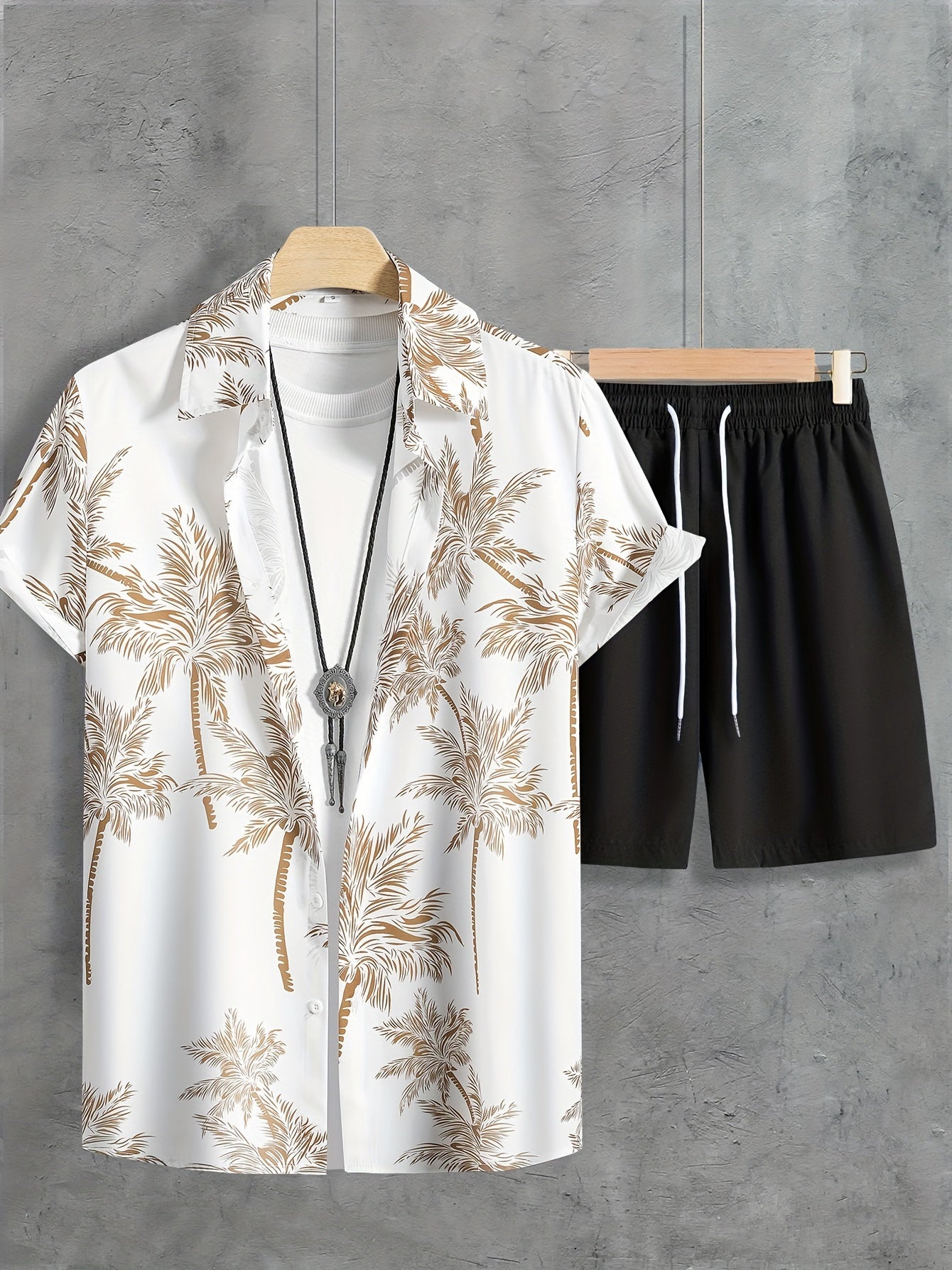 Coconut Tree Print, Men's 2Pcs Outfits, Casual Camp Collar Lapel Button Up Short Sleeve Shirts Hawaii Shirt And Drawstring Shorts Set For Summer, Men's Clothing