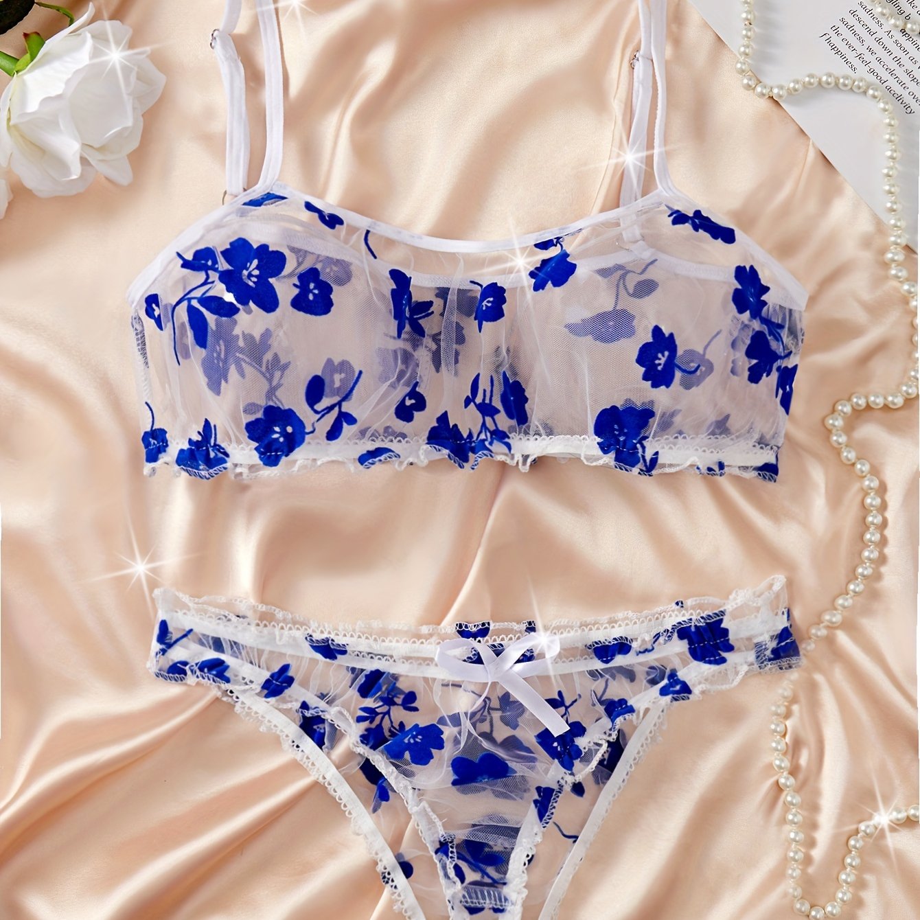 Romantic Floral Lingerie Set for Her - Alluring Ruffle Bra & Soft Sheer Mesh Panties - Seductive, Comfortable Intimate Wear with Flirty Flower Print