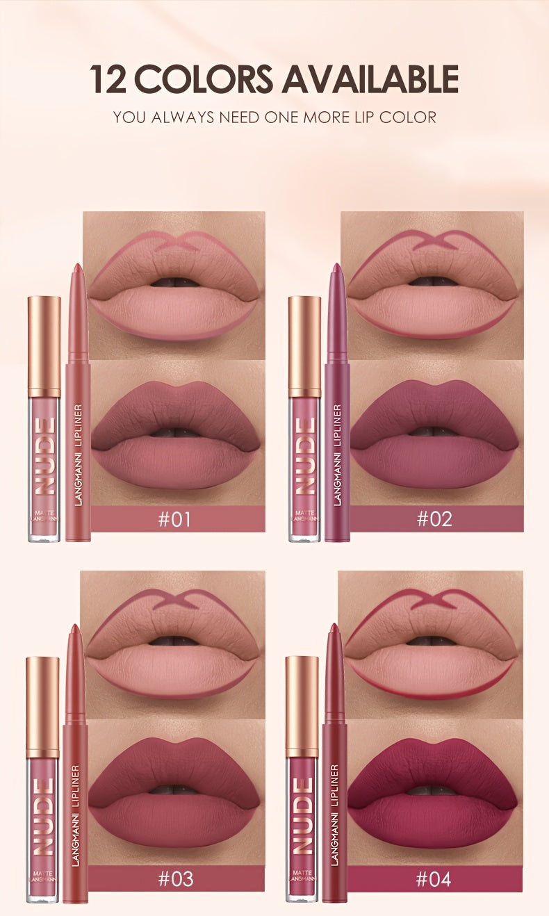 2PCS Langmanni Long-Lasting Waterproof Lipgloss & Lipliner Set - High-Pigment, Smudge-Proof Duo for Romantic Beauty - Perfect Kiss-Proof Makeup Gift for Valentines Day