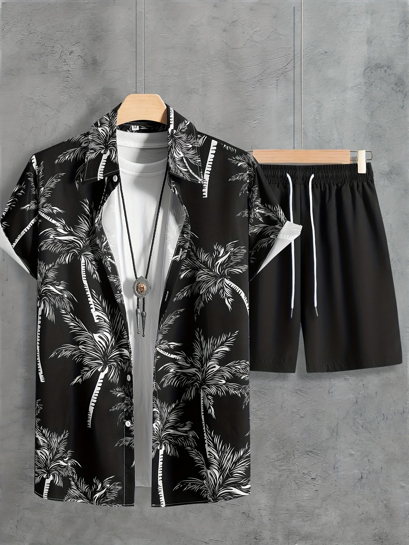 Coconut Tree Print, Men's 2Pcs Outfits, Casual Camp Collar Lapel Button Up Short Sleeve Shirts Hawaii Shirt And Drawstring Shorts Set For Summer, Men's Clothing
