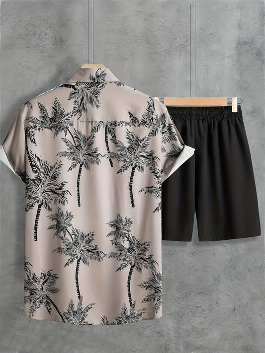 Coconut Tree Print, Men's 2Pcs Outfits, Casual Camp Collar Lapel Button Up Short Sleeve Shirts Hawaii Shirt And Drawstring Shorts Set For Summer, Men's Clothing