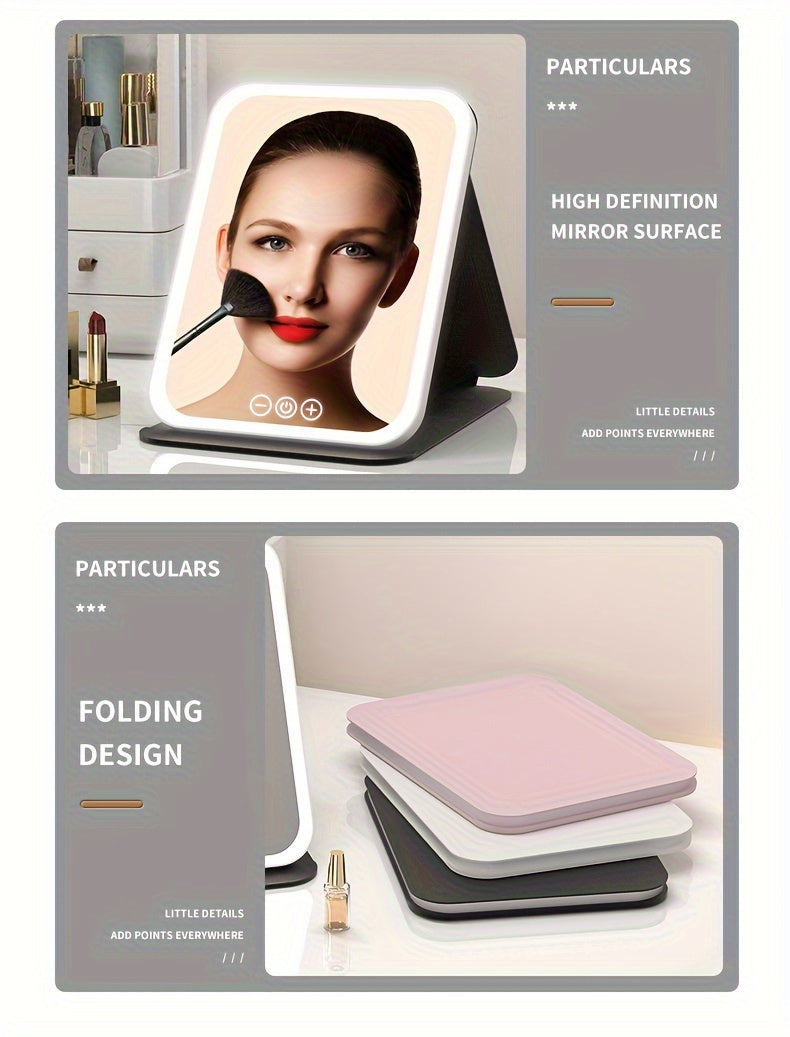 Glamour Glow - Foldable LED Makeup Mirror with 3-Color Lighting, Dimmable Touch Screen, Rechargeable & Tabletop, Perfect Vanity Accent for Effortless Beauty Routine