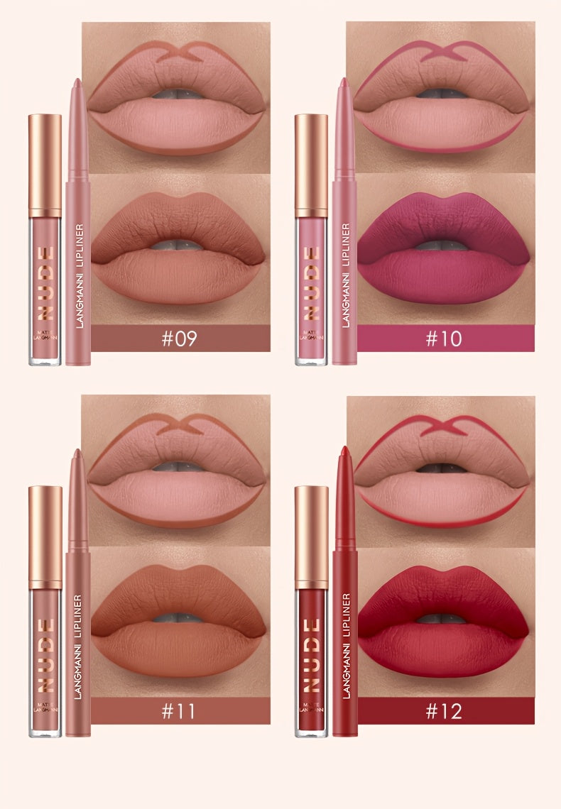 2PCS Langmanni Long-Lasting Waterproof Lipgloss & Lipliner Set - High-Pigment, Smudge-Proof Duo for Romantic Beauty - Perfect Kiss-Proof Makeup Gift for Valentines Day