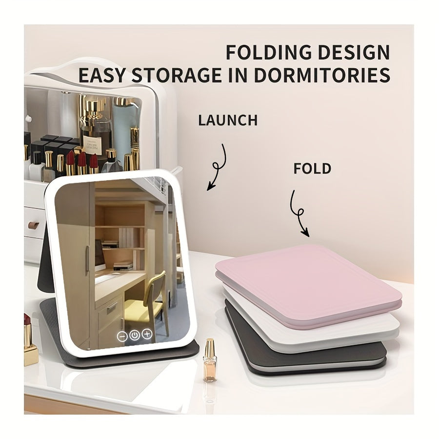 Glamour Glow - Foldable LED Makeup Mirror with 3-Color Lighting, Dimmable Touch Screen, Rechargeable & Tabletop, Perfect Vanity Accent for Effortless Beauty Routine