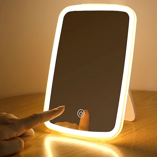 [LED Makeup Mirror] 3-Color LED Makeup Mirror - Elegant White Portable Folding Design with Adjustable Brightness, Touch Control, USB Rechargeable - Perfect for Beauty Enthusiasts