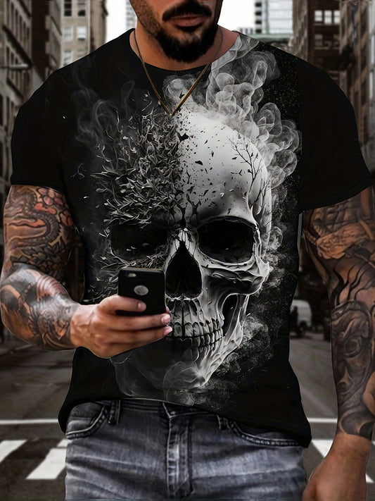 Horror Skull 3D Digital Pattern Print Men's Graphic T-shirts, Causal Comfy Tees, Short Sleeve Pullover Tops, Men's Summer Outdoor Clothing
