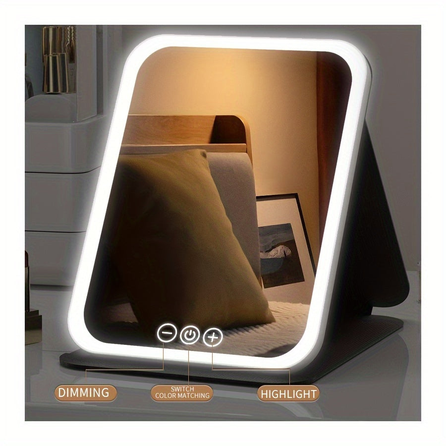 Glamour Glow - Foldable LED Makeup Mirror with 3-Color Lighting, Dimmable Touch Screen, Rechargeable & Tabletop, Perfect Vanity Accent for Effortless Beauty Routine