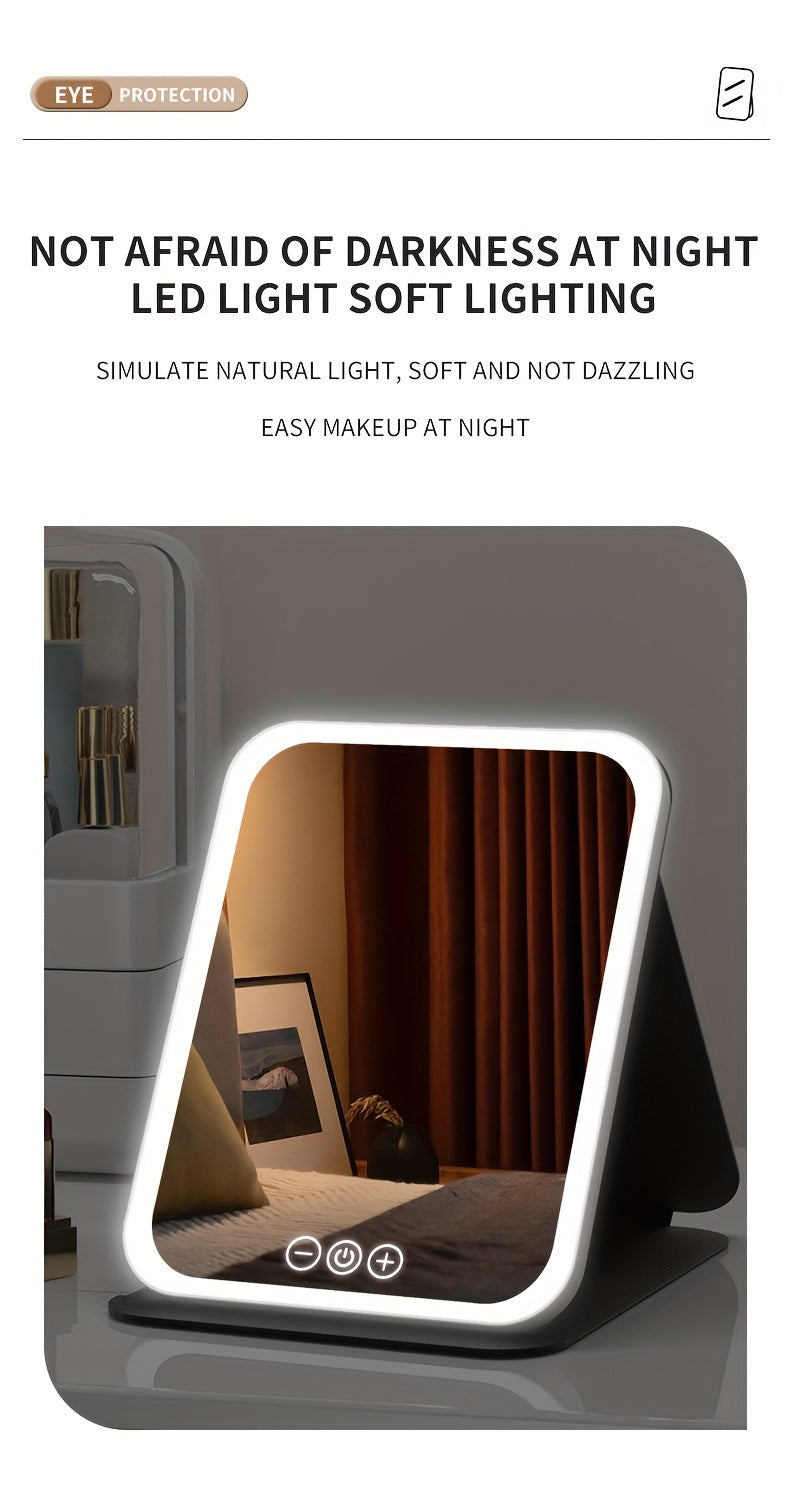 Glamour Glow - Foldable LED Makeup Mirror with 3-Color Lighting, Dimmable Touch Screen, Rechargeable & Tabletop, Perfect Vanity Accent for Effortless Beauty Routine