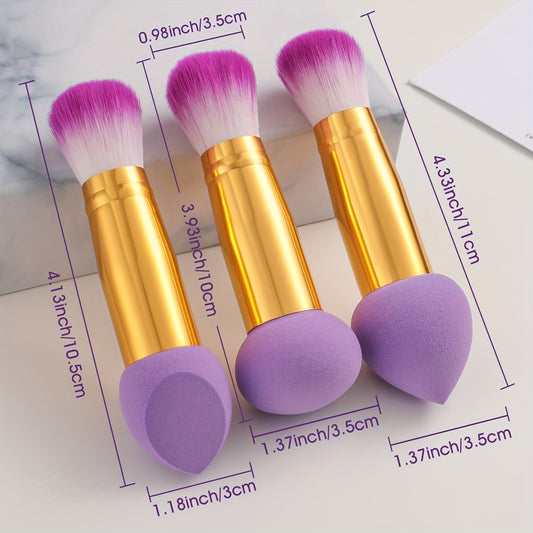 1/3pcs Soft Foundation Blending Face Brushes with Two Heads, Professional Fluffy Blusher Brush and Makeup Sponge for Women Beauty, Purple