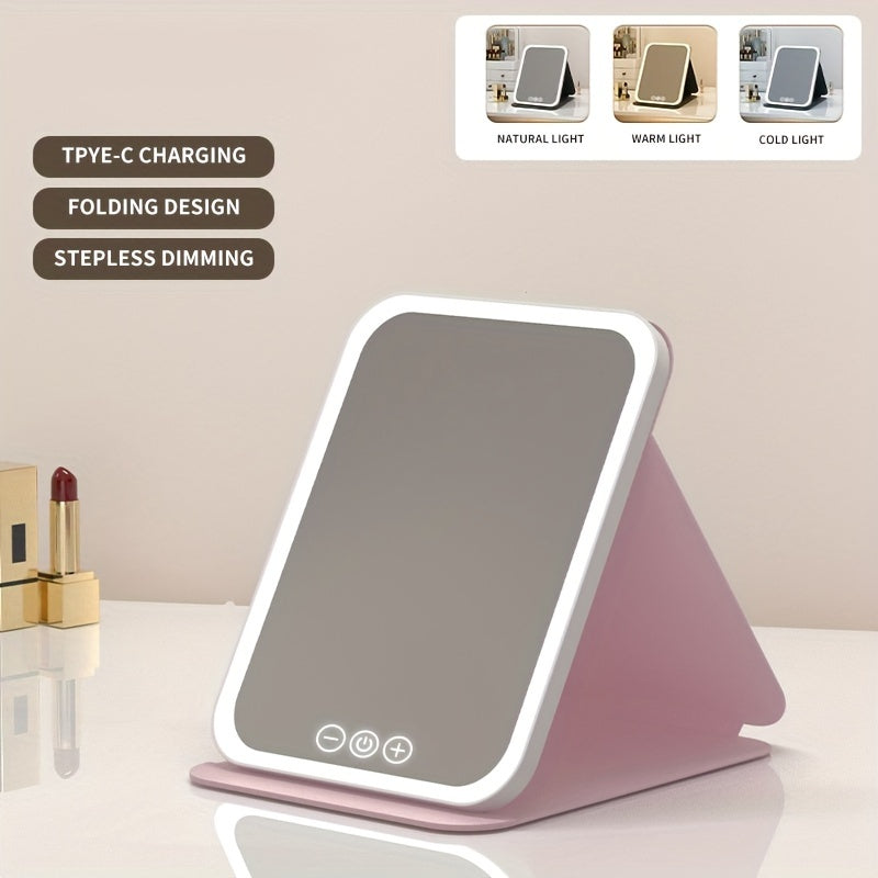 Glamour Glow - Foldable LED Makeup Mirror with 3-Color Lighting, Dimmable Touch Screen, Rechargeable & Tabletop, Perfect Vanity Accent for Effortless Beauty Routine
