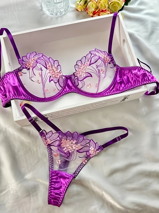 Floral Embroidered Sheer Lingerie Set, Low Cup Non Padded Bra & G-stirngs, Women's Sexy Lingerie & Underwear