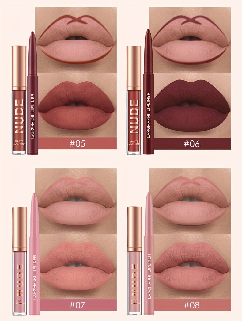 2PCS Langmanni Long-Lasting Waterproof Lipgloss & Lipliner Set - High-Pigment, Smudge-Proof Duo for Romantic Beauty - Perfect Kiss-Proof Makeup Gift for Valentines Day
