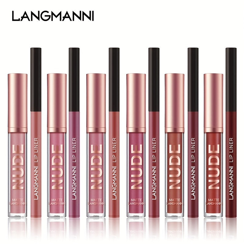 2PCS Langmanni Long-Lasting Waterproof Lipgloss & Lipliner Set - High-Pigment, Smudge-Proof Duo for Romantic Beauty - Perfect Kiss-Proof Makeup Gift for Valentines Day