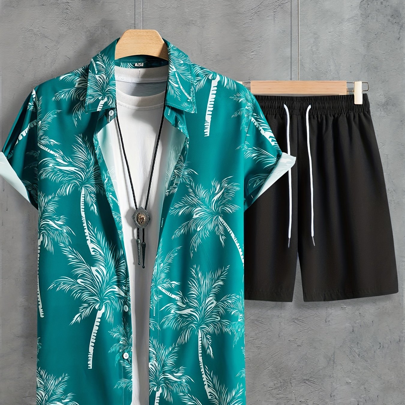 Coconut Tree Print, Men's 2Pcs Outfits, Casual Camp Collar Lapel Button Up Short Sleeve Shirts Hawaii Shirt And Drawstring Shorts Set For Summer, Men's Clothing