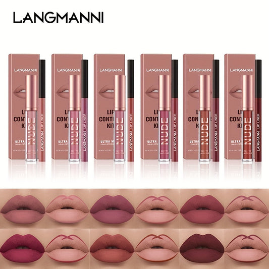 2PCS Langmanni Long-Lasting Waterproof Lipgloss & Lipliner Set - High-Pigment, Smudge-Proof Duo for Romantic Beauty - Perfect Kiss-Proof Makeup Gift for Valentines Day