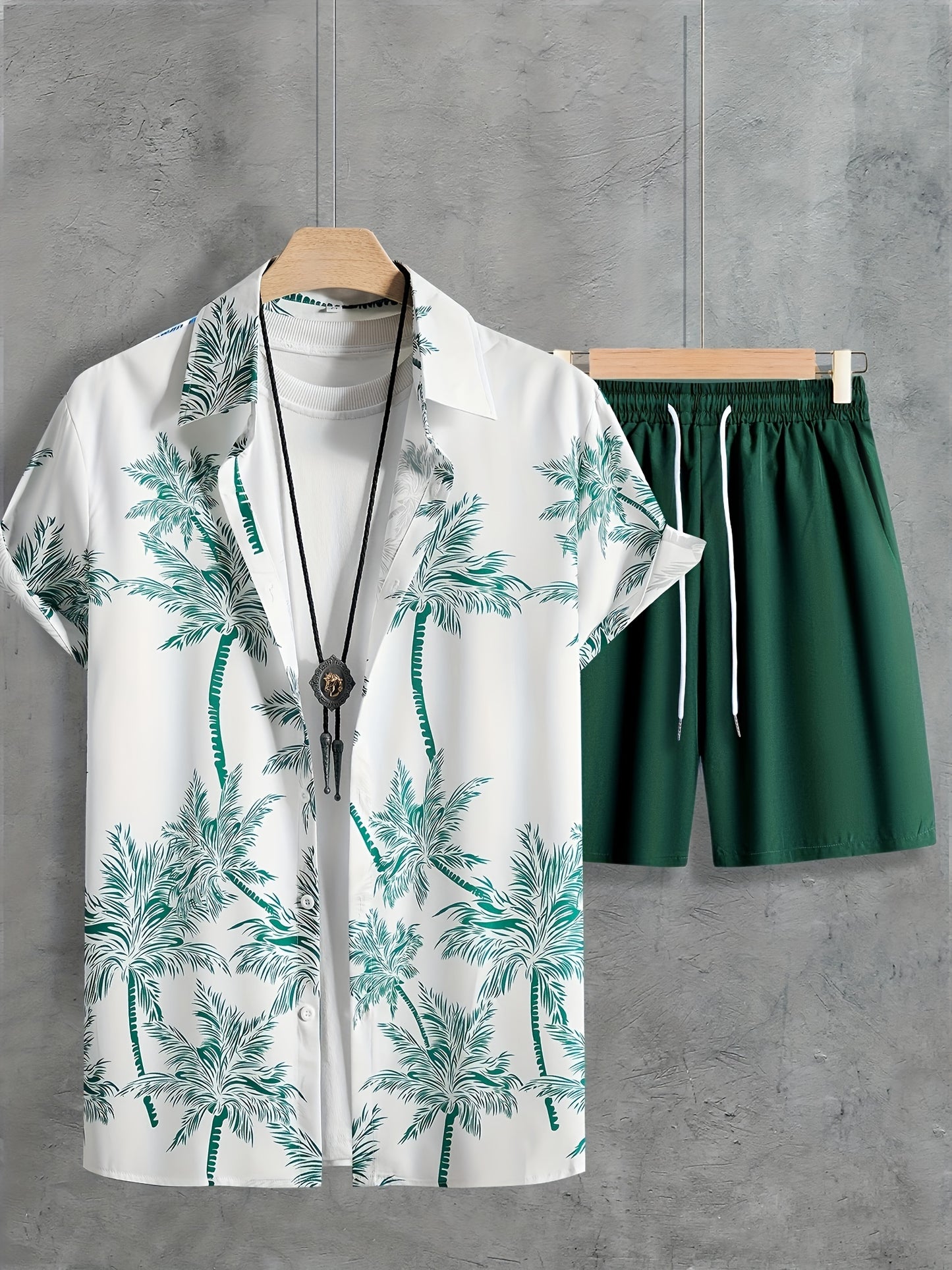 Coconut Tree Print, Men's 2Pcs Outfits, Casual Camp Collar Lapel Button Up Short Sleeve Shirts Hawaii Shirt And Drawstring Shorts Set For Summer, Men's Clothing
