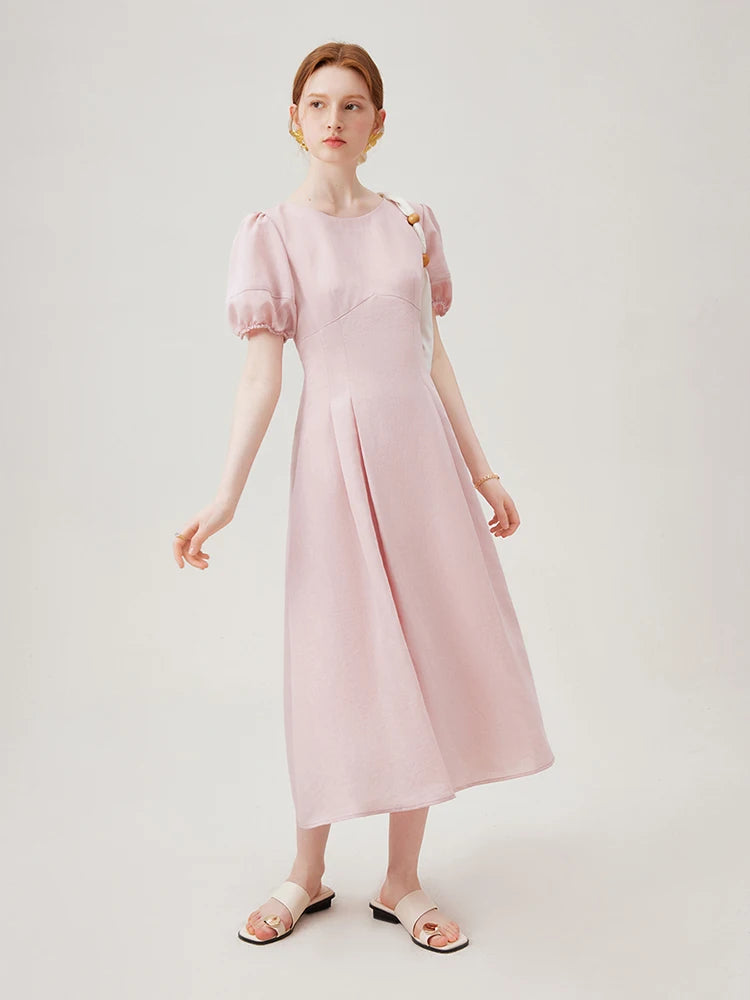 FSLE Elegant Round Neck Hollow Drawstring Unique Design Long Dress 2024 Summer New Versatile Casual Women Dress 24FS12535
