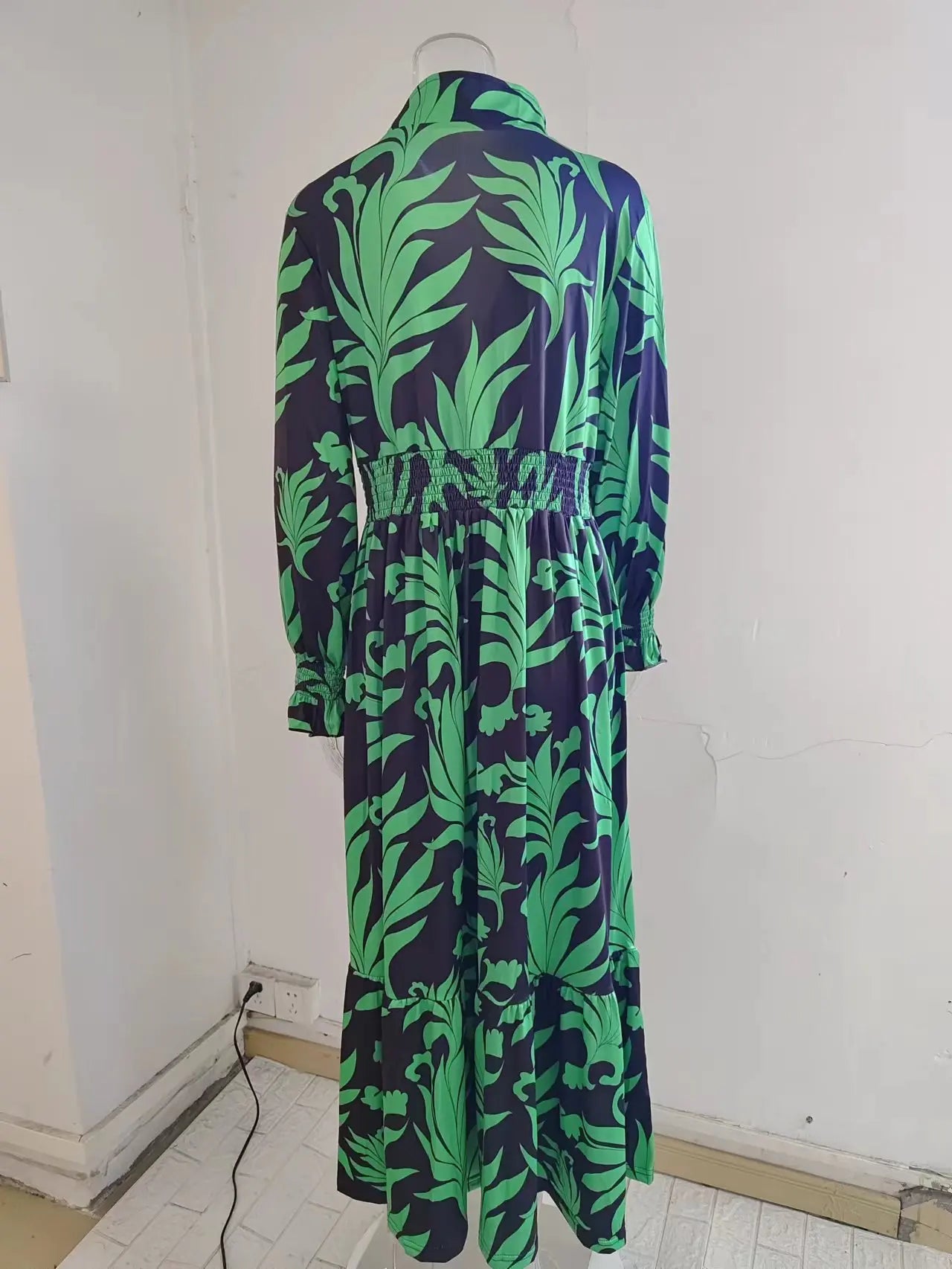 Europe And America Cross Border Autumn/Winter New Long Dress with Waist Pullover And Bohemian Print Long Sleeve Large Swing