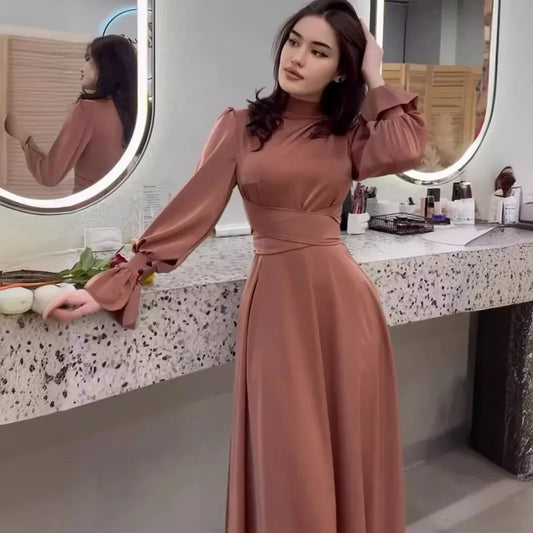 2025 Autumn Satin Women Long Dress Black Evening Lace Up Lantern Sleeve Elegant Dresses Female New Fashion Party Vestidos Ladies