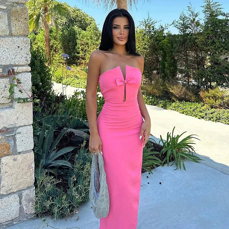 Tossy Tee Bow Off-Shoulder Slim Long Dress For Women Patchwork Fashion Elegant Hollow Out Backless Clothes Female Party Dress