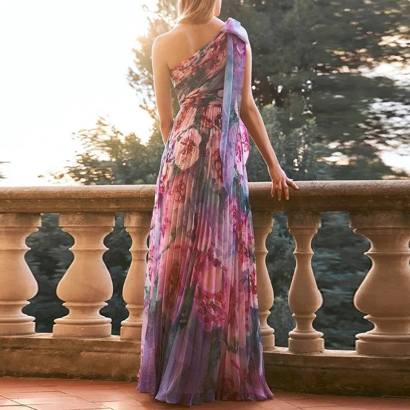 Sexy Summer Party Dress Women Fashion Bow Straps High Waist Pleated Beach Dress Chiffon Casual Floral Print Bohemian Long Dress