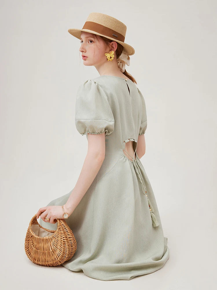 FSLE Elegant Round Neck Hollow Drawstring Unique Design Long Dress 2024 Summer New Versatile Casual Women Dress 24FS12535