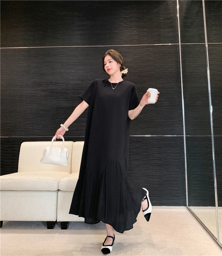 NYFS 2025 Summer New Korea Irregular Woman Dress Vestidos Robe Elbise Loose Plus Size Patchwork Short Sleeve Long Dress