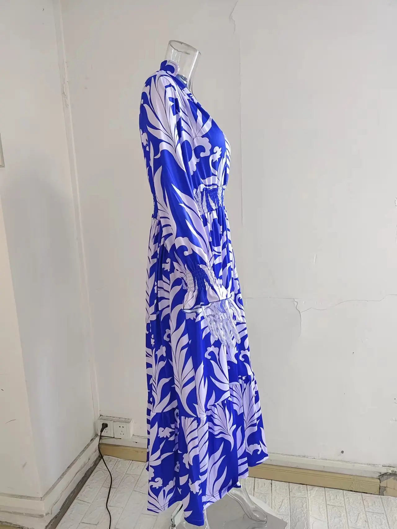 Europe And America Cross Border Autumn/Winter New Long Dress with Waist Pullover And Bohemian Print Long Sleeve Large Swing