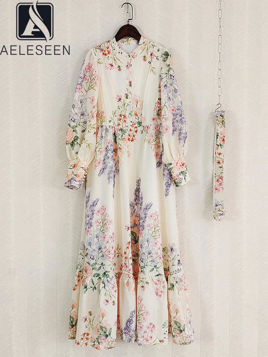 AELESEEN Designer Fashion Long Dress Women Spring Lantern Sleeve Floral Print Single-breasted Belt Elegant Party Female