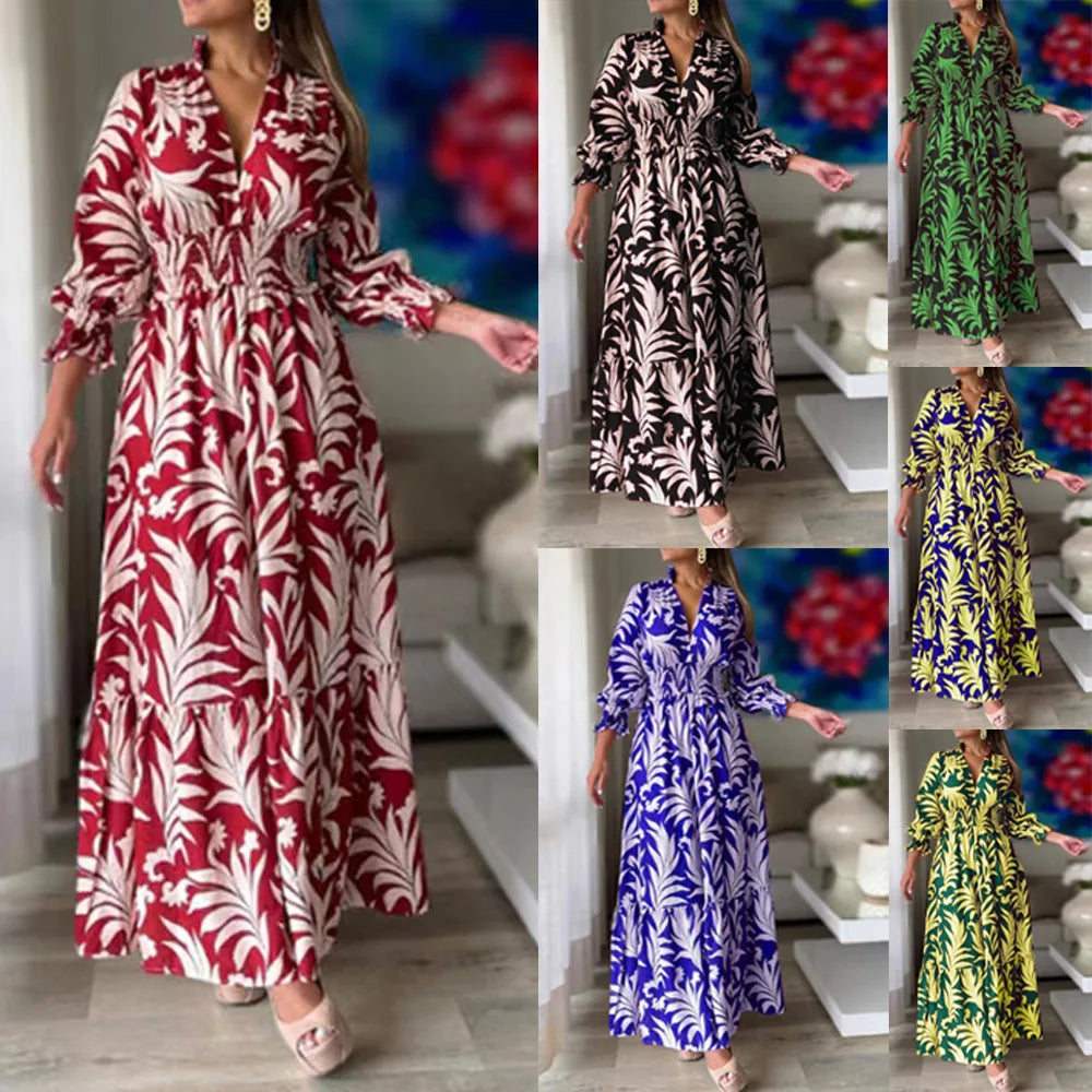 Europe And America Cross Border Autumn/Winter New Long Dress with Waist Pullover And Bohemian Print Long Sleeve Large Swing