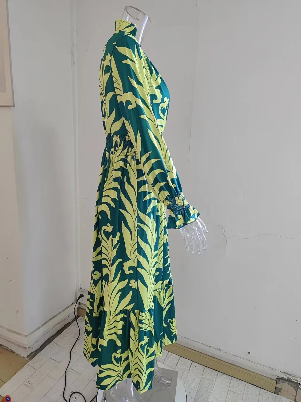 Europe And America Cross Border Autumn/Winter New Long Dress with Waist Pullover And Bohemian Print Long Sleeve Large Swing