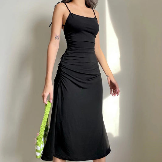 Summer Black Dress Irregular Elegant Backless Party Long Dress Strappy Ruched Sexy Dresses Women Clothes Vintage Vestidos Largos