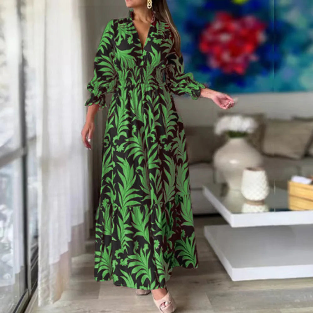 Europe And America Cross Border Autumn/Winter New Long Dress with Waist Pullover And Bohemian Print Long Sleeve Large Swing