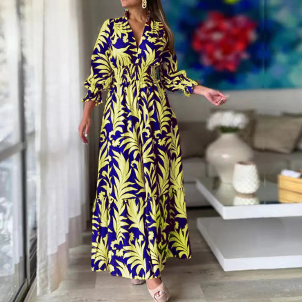 Europe And America Cross Border Autumn/Winter New Long Dress with Waist Pullover And Bohemian Print Long Sleeve Large Swing