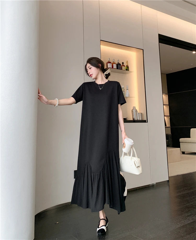 NYFS 2025 Summer New Korea Irregular Woman Dress Vestidos Robe Elbise Loose Plus Size Patchwork Short Sleeve Long Dress