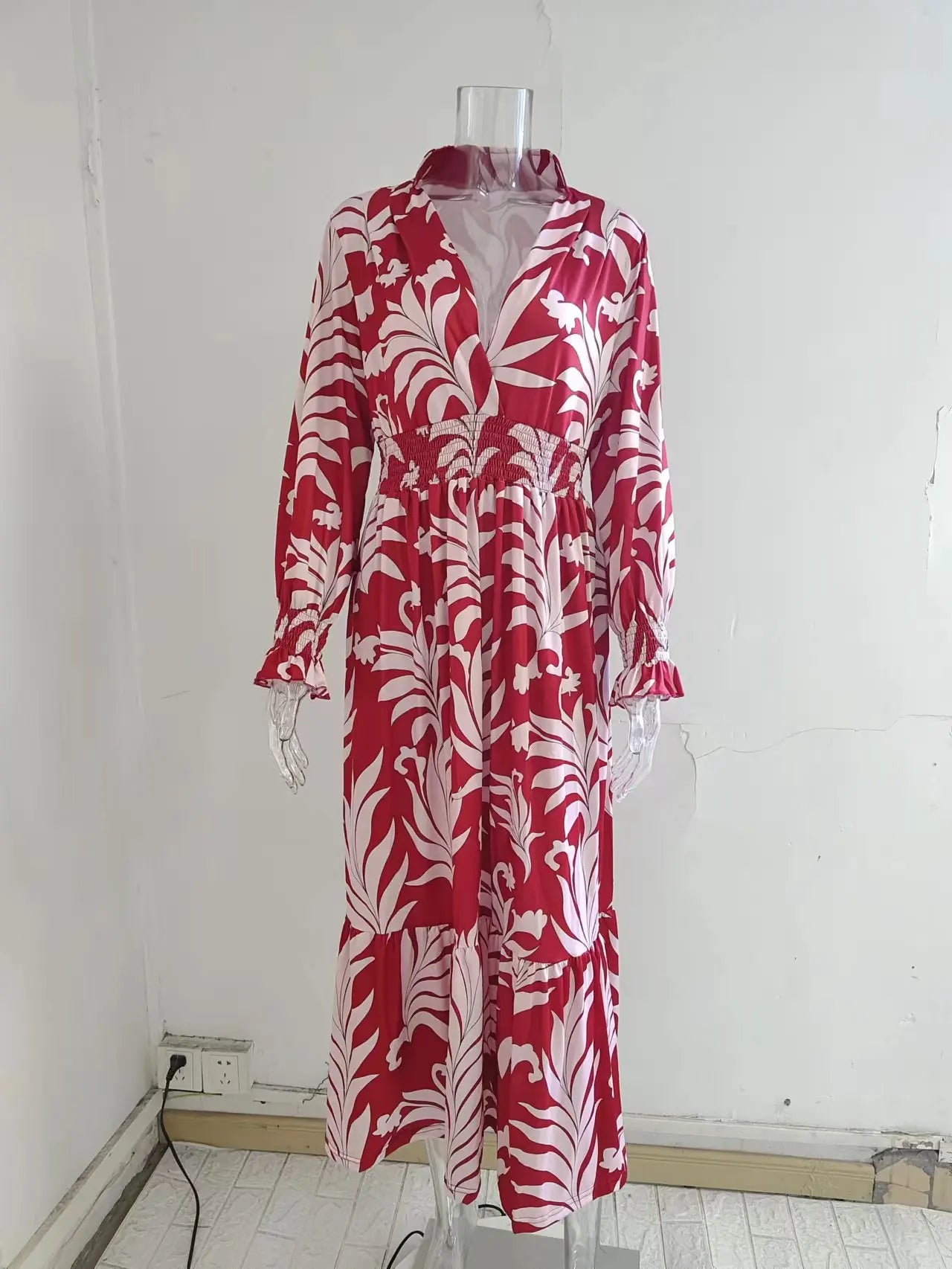 Europe And America Cross Border Autumn/Winter New Long Dress with Waist Pullover And Bohemian Print Long Sleeve Large Swing