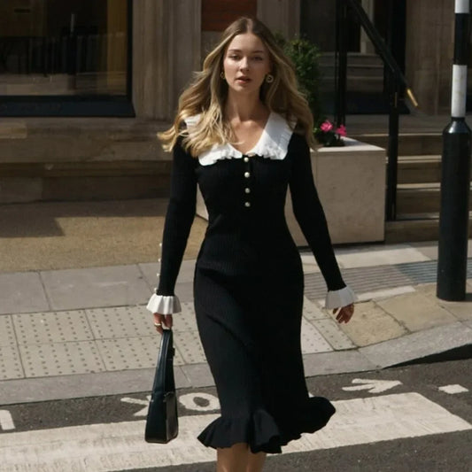 2025 Spring Knit Women Long Dress Black Flare Sleeve Slim Elegant Dresses Female Autumn Retro Maxi Party Fashion Clothes Ladies