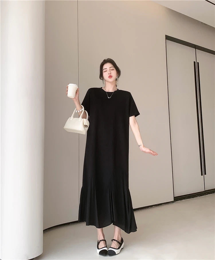 NYFS 2025 Summer New Korea Irregular Woman Dress Vestidos Robe Elbise Loose Plus Size Patchwork Short Sleeve Long Dress