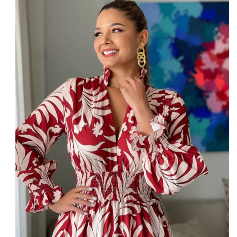 Europe And America Cross Border Autumn/Winter New Long Dress with Waist Pullover And Bohemian Print Long Sleeve Large Swing