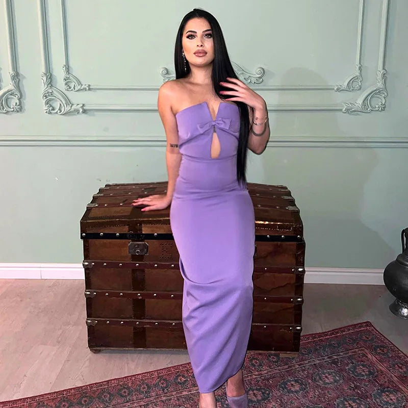 Tossy Tee Bow Off-Shoulder Slim Long Dress For Women Patchwork Fashion Elegant Hollow Out Backless Clothes Female Party Dress