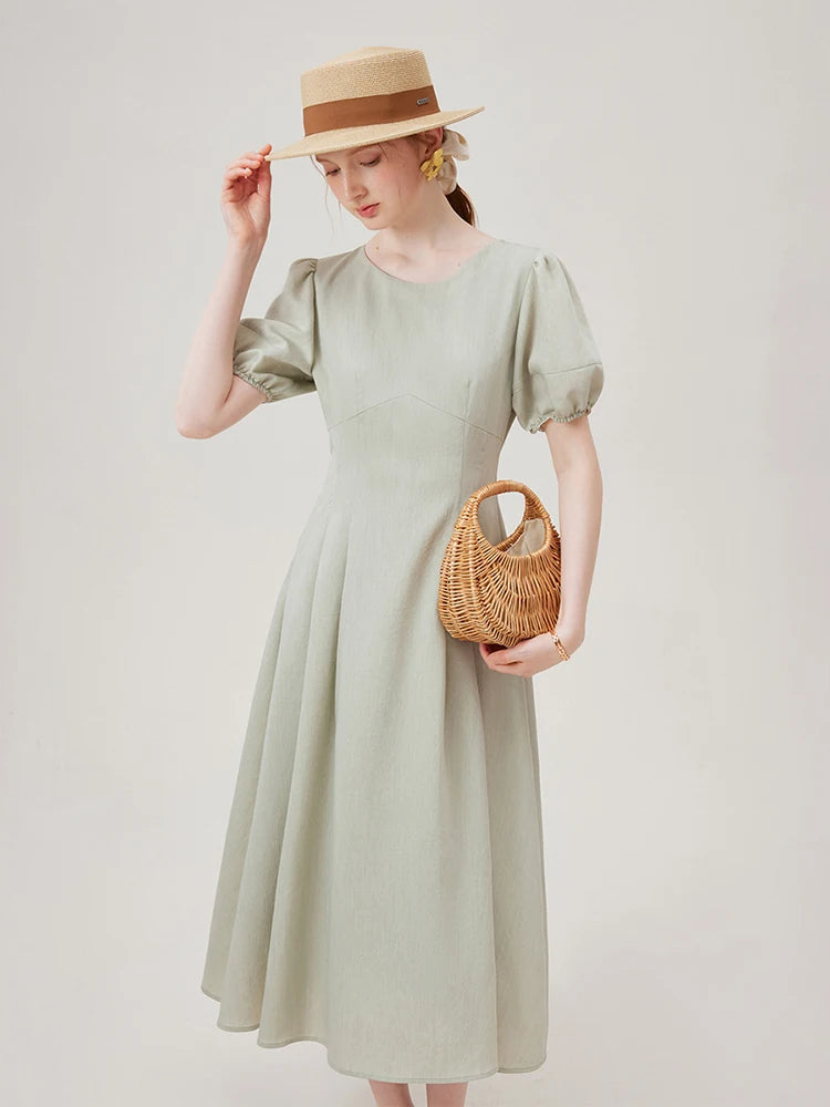 FSLE Elegant Round Neck Hollow Drawstring Unique Design Long Dress 2024 Summer New Versatile Casual Women Dress 24FS12535