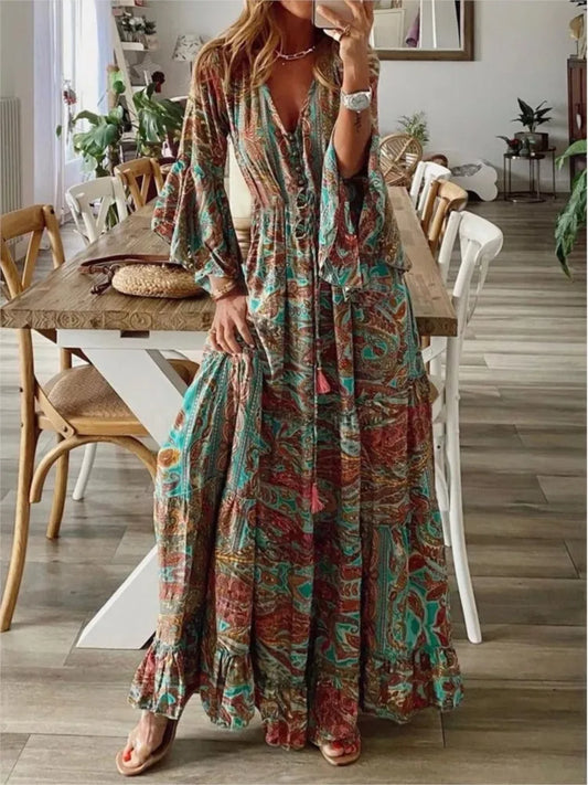 Spring Autumn Women's Fashion Bohemian Style Flare Sleeves Printed V-neck High Waist Dress Fragmented Flower Women's Long Dress