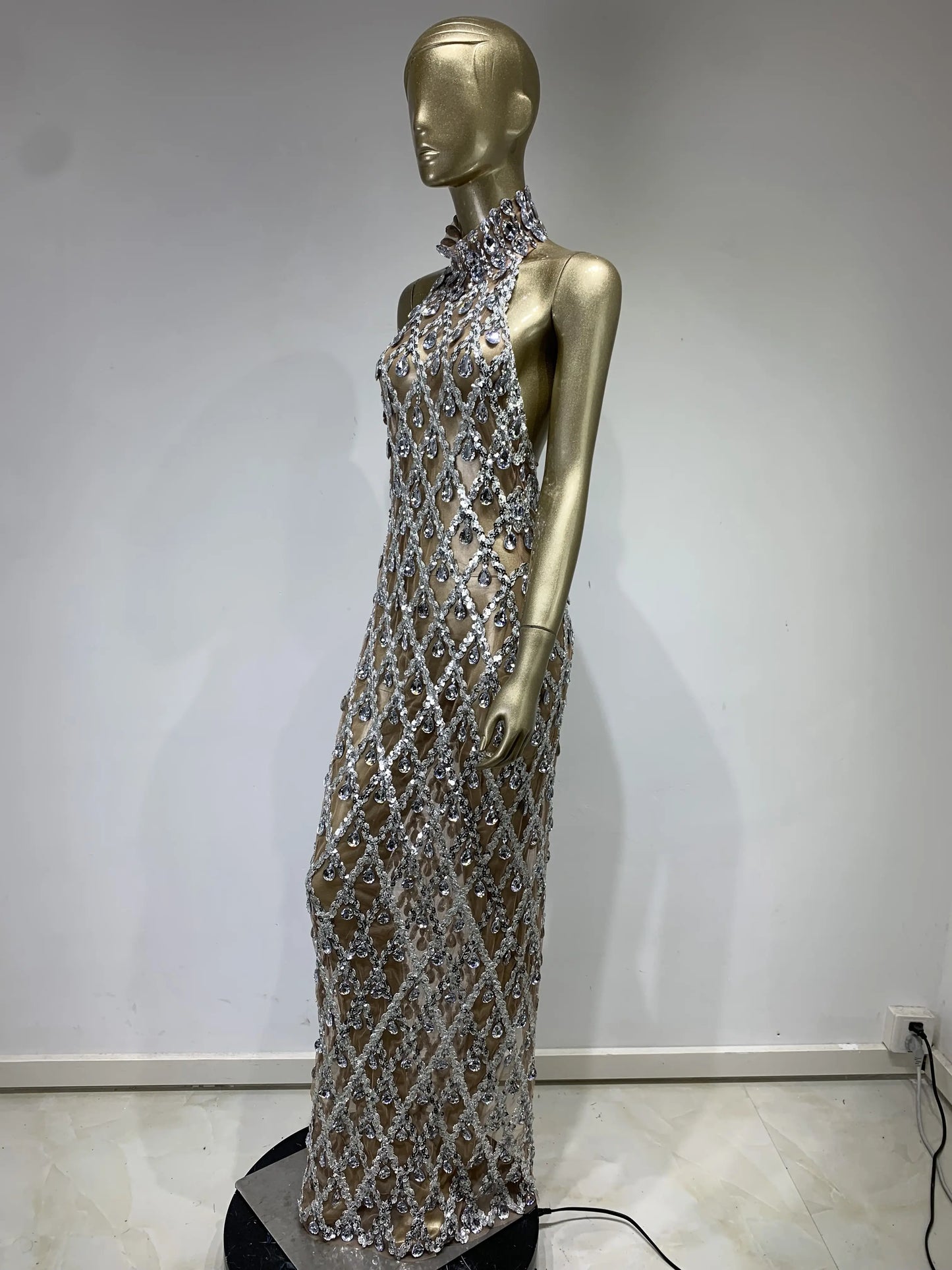 Stock Women Luxury Sexy Mesh Crystal Diamonds Beading Long Dress Birthday Party Costume Bar Nightclub Stage Performance Dress