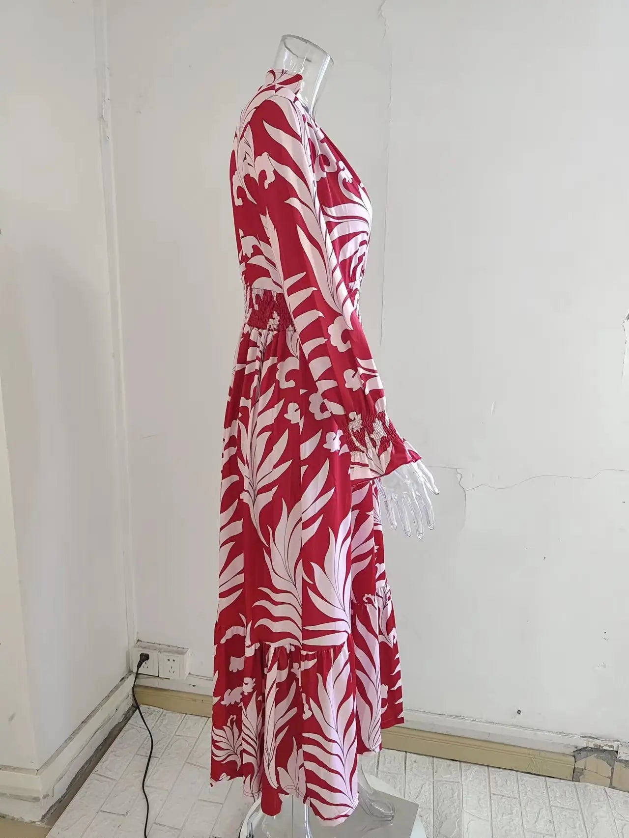 Europe And America Cross Border Autumn/Winter New Long Dress with Waist Pullover And Bohemian Print Long Sleeve Large Swing