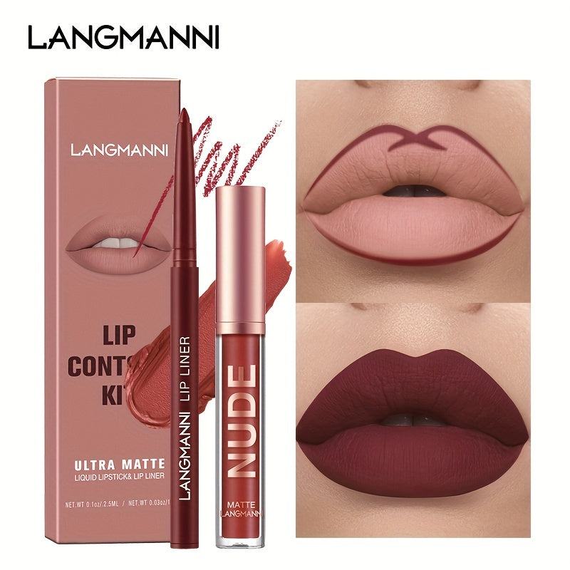 2PCS Langmanni Long-Lasting Waterproof Lipgloss & Lipliner Set - High-Pigment, Smudge-Proof Duo for Romantic Beauty - Perfect Kiss-Proof Makeup Gift for Valentines Day