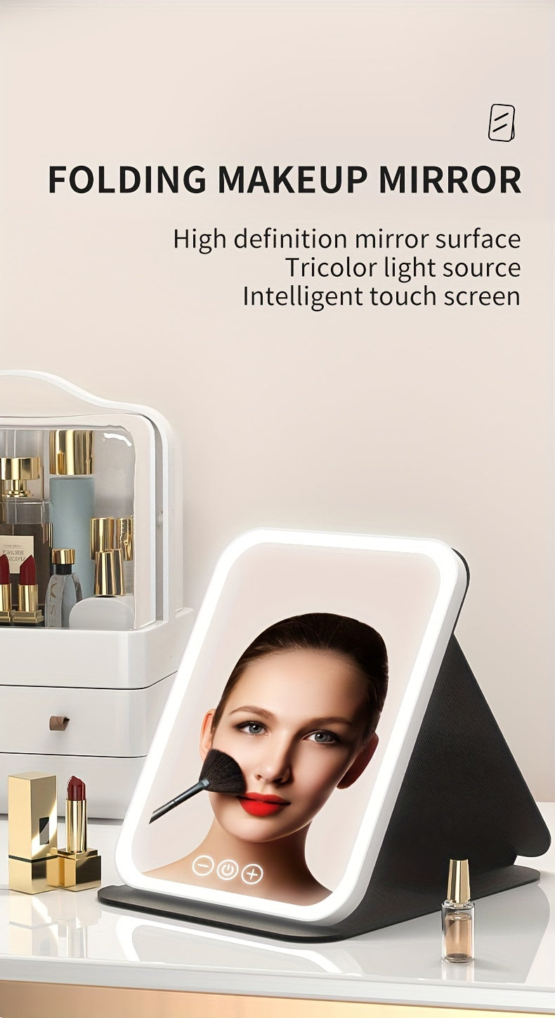 Glamour Glow - Foldable LED Makeup Mirror with 3-Color Lighting, Dimmable Touch Screen, Rechargeable & Tabletop, Perfect Vanity Accent for Effortless Beauty Routine