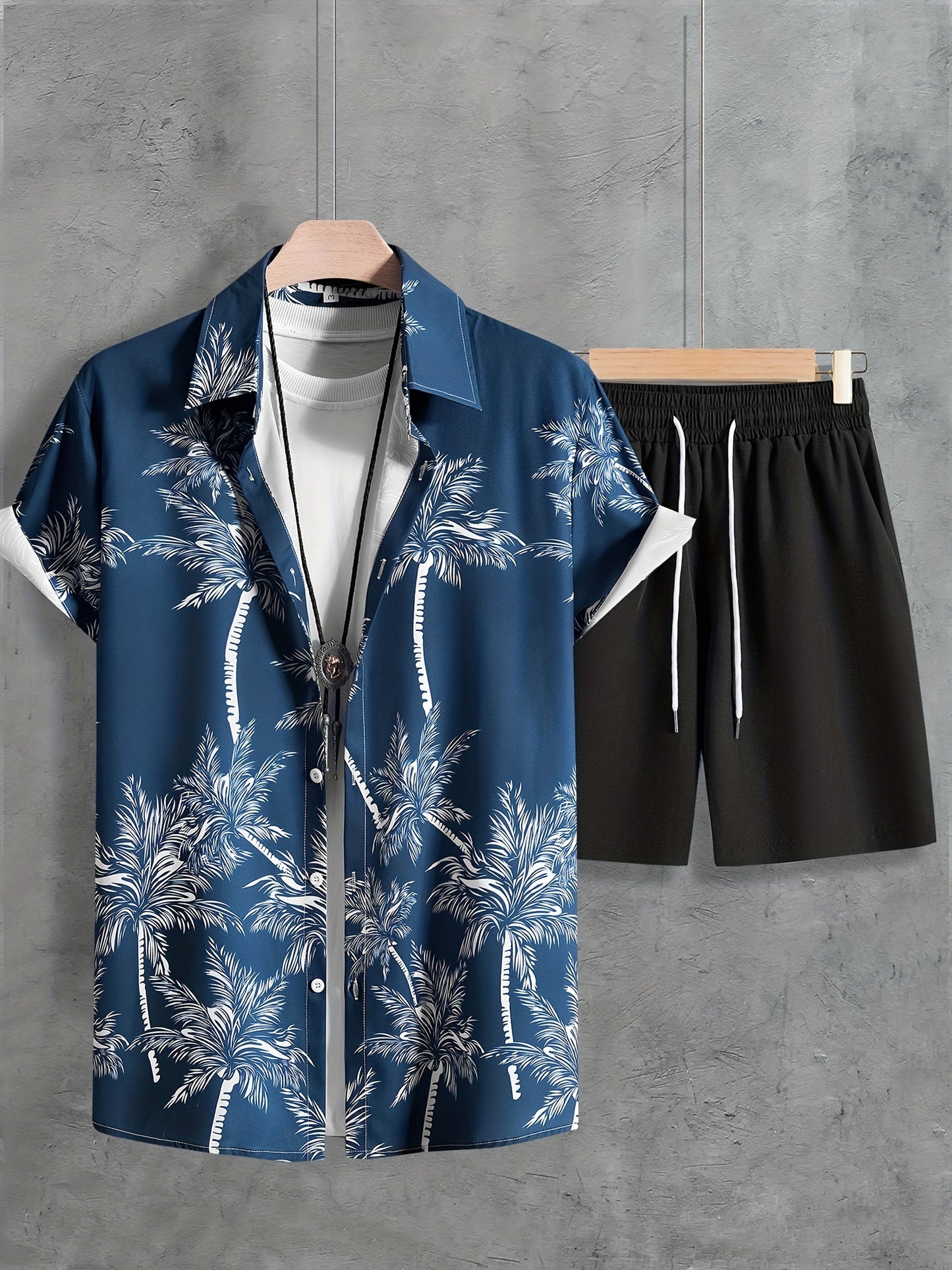 Coconut Tree Print, Men's 2Pcs Outfits, Casual Camp Collar Lapel Button Up Short Sleeve Shirts Hawaii Shirt And Drawstring Shorts Set For Summer, Men's Clothing