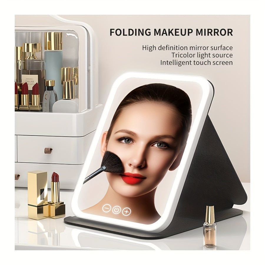 Glamour Glow - Foldable LED Makeup Mirror with 3-Color Lighting, Dimmable Touch Screen, Rechargeable & Tabletop, Perfect Vanity Accent for Effortless Beauty Routine